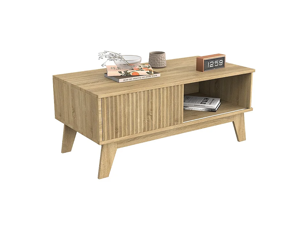 Table basse avec porte coulissante - Table centrale du salon avec compartiment de rangement ouvert - Table à thé rectangulaire de 95cm - Bois - Chêne naturel