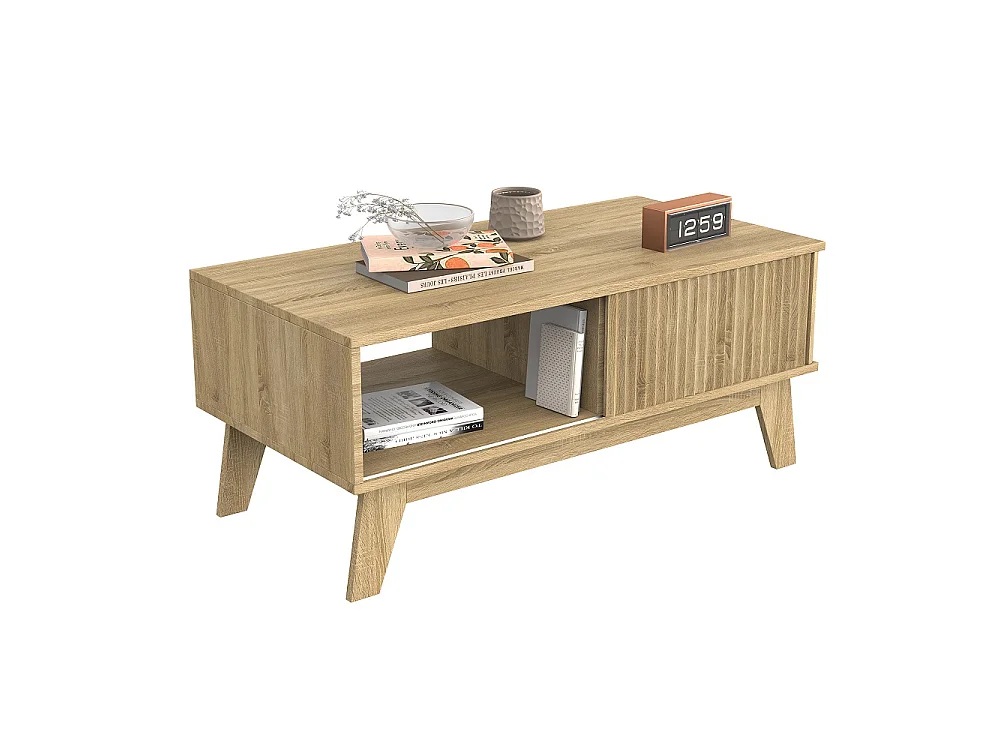 Table basse avec porte coulissante - Table centrale du salon avec compartiment de rangement ouvert - Table à thé rectangulaire de 95cm - Bois - Chêne naturel