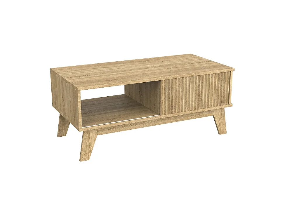 Table basse avec porte coulissante - Table centrale du salon avec compartiment de rangement ouvert - Table à thé rectangulaire de 95cm - Bois - Chêne naturel