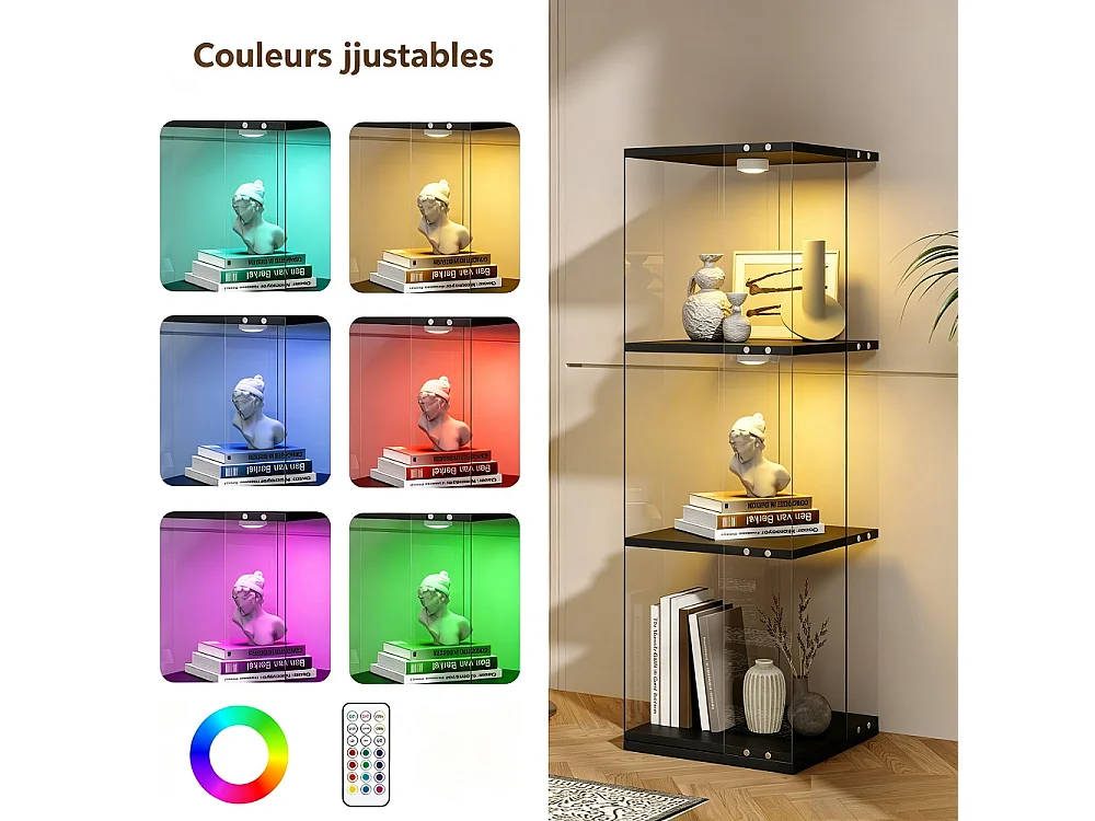 Cabinet d'affichage rotatif à 360 ° avec lumière - vitrine de collectibles à étagère ouverte à 3 niveaux - porte-affichage en verre autonome - noir