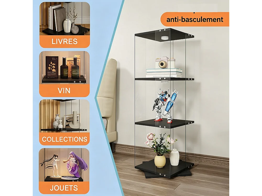 Cabinet d'affichage rotatif à 360 ° avec lumière - vitrine de collectibles à étagère ouverte à 3 niveaux - porte-affichage en verre autonome - noir