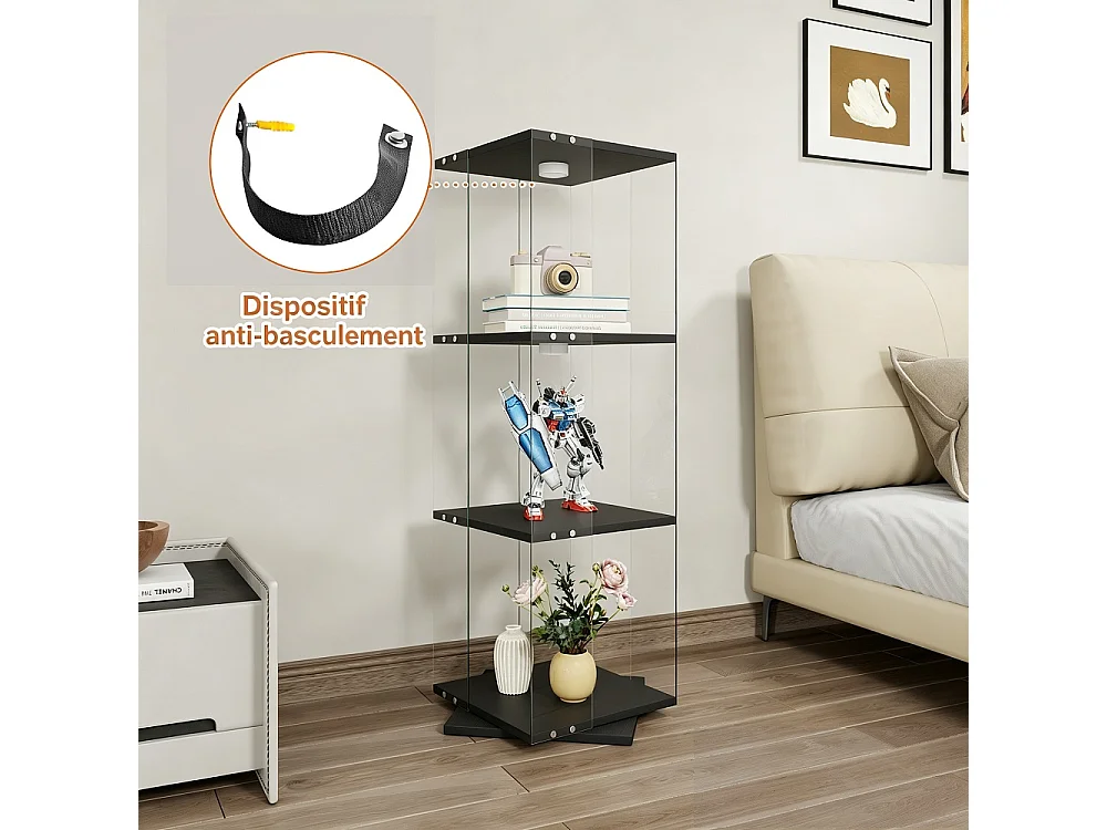 Cabinet d'affichage rotatif à 360 ° avec lumière - vitrine de collectibles à étagère ouverte à 3 niveaux - porte-affichage en verre autonome - noir