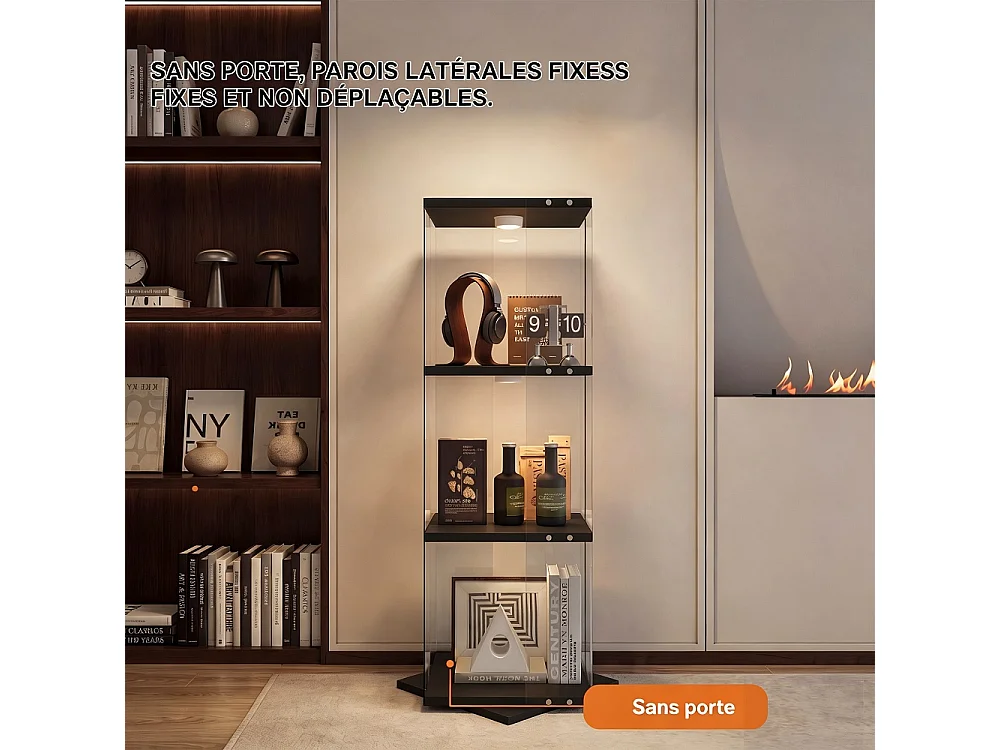 Cabinet d'affichage rotatif à 360 ° avec lumière - vitrine de collectibles à étagère ouverte à 3 niveaux - porte-affichage en verre autonome - noir
