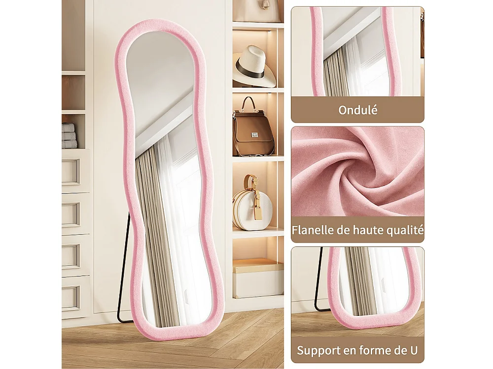 Miroir à encadrement ondulé irrégulier 160 x 50 cm - Large revêtement à paroi recouvert de flanelle douce / incliné / debout - Miroir au sol - Rose