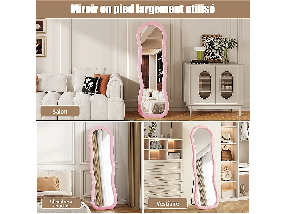 Miroir à encadrement ondulé irrégulier 160 x 50 cm - Large revêtement à paroi recouvert de flanelle douce / incliné / debout - Miroir au sol - Rose