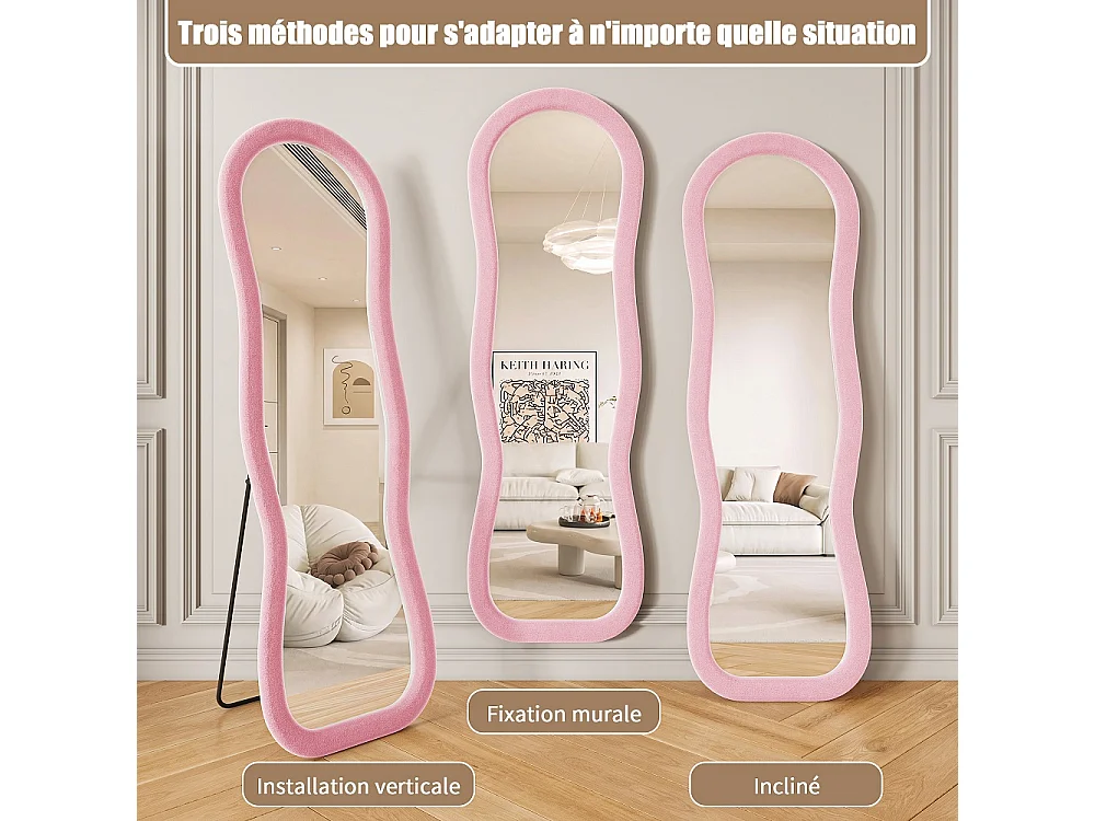 Miroir à encadrement ondulé irrégulier 160 x 50 cm - Large revêtement à paroi recouvert de flanelle douce / incliné / debout - Miroir au sol - Rose