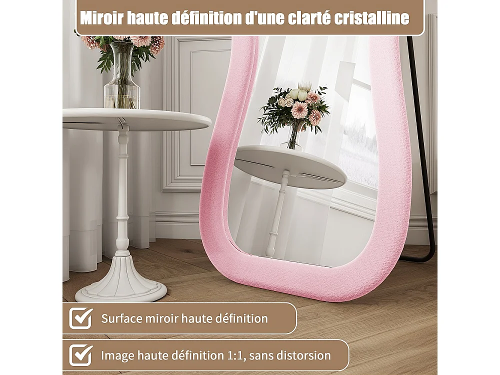 Miroir à encadrement ondulé irrégulier 160 x 50 cm - Large revêtement à paroi recouvert de flanelle douce / incliné / debout - Miroir au sol - Rose