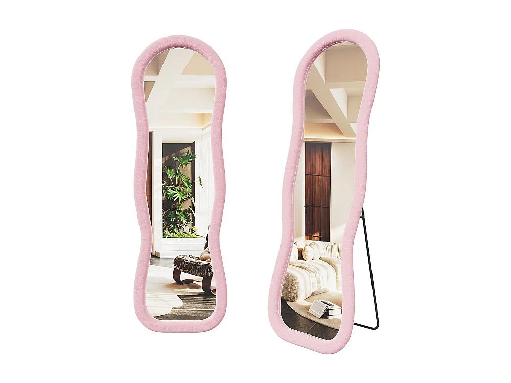 Miroir à encadrement ondulé irrégulier 160 x 50 cm - Large revêtement à paroi recouvert de flanelle douce / incliné / debout - Miroir au sol - Rose