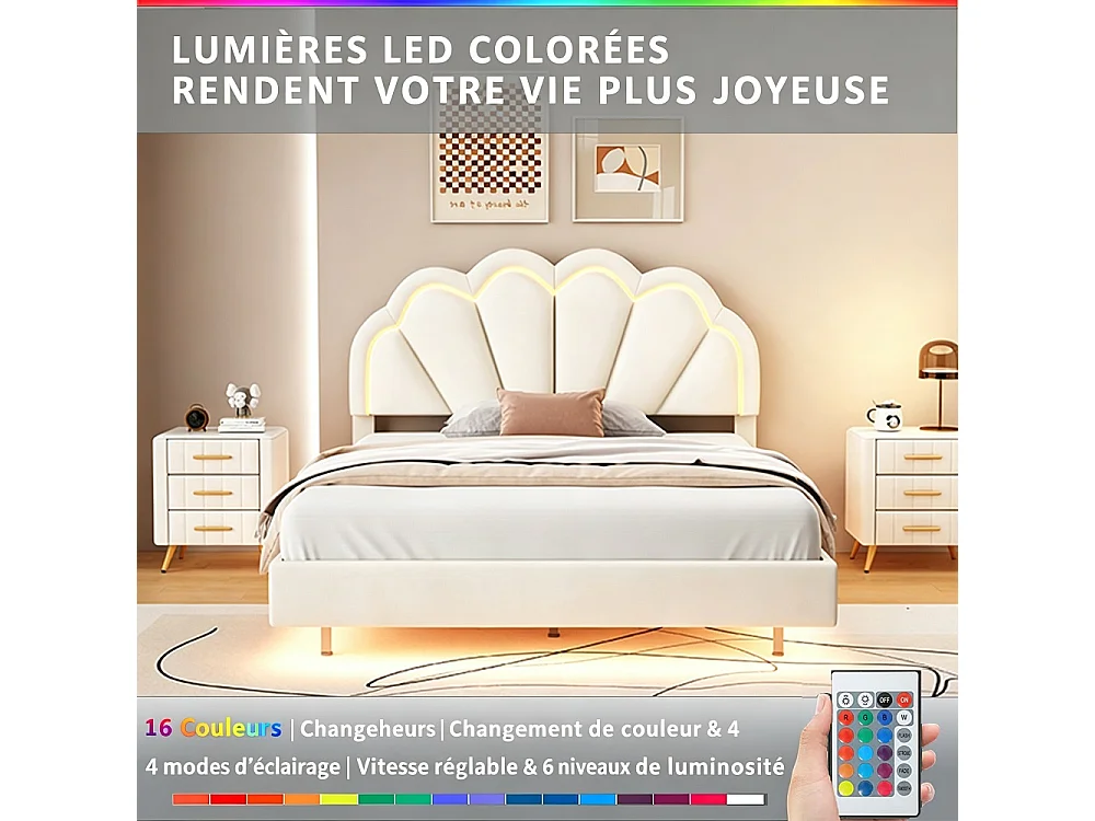 Lit flottant 140 x 200 cm - Lit rembourré avec LED et tête en forme de coquille - Cadre de lit double avec cadre à lames - Velvet - Beige