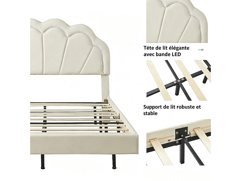 Lit flottant 140 x 200 cm - Lit rembourré avec LED et tête en forme de coquille - Cadre de lit double avec cadre à lames - Velvet - Beige