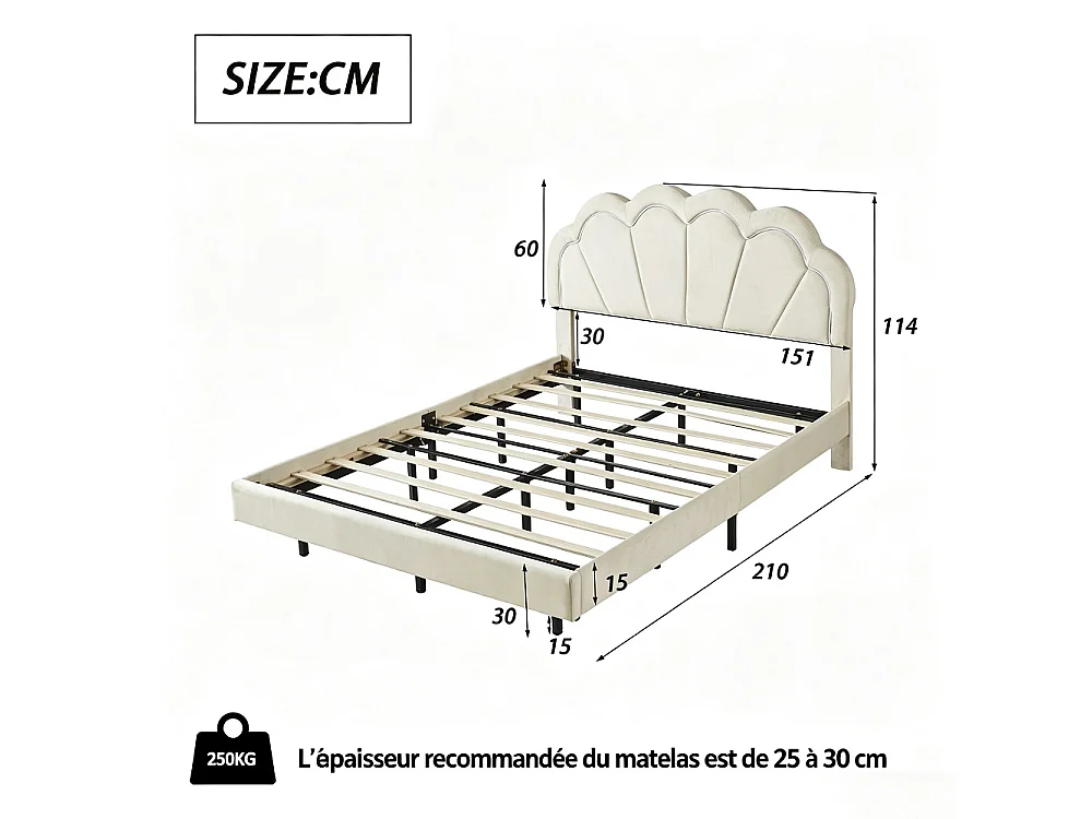 Lit flottant 140 x 200 cm - Lit rembourré avec LED et tête en forme de coquille - Cadre de lit double avec cadre à lames - Velvet - Beige