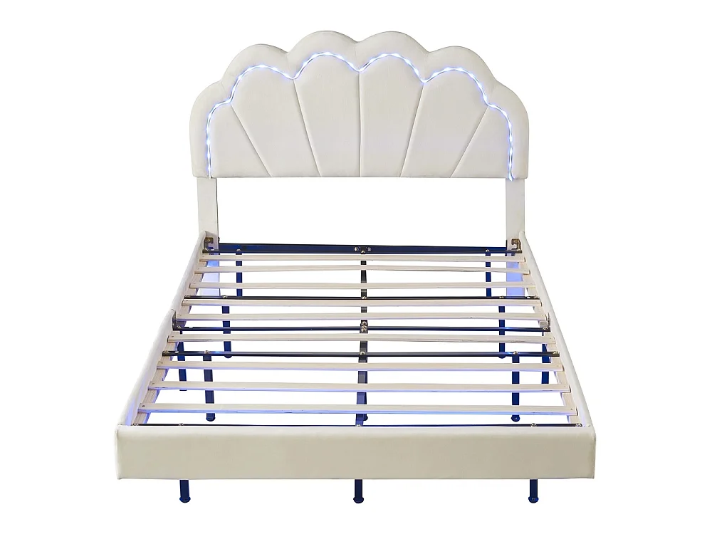 Lit flottant 140 x 200 cm - Lit rembourré avec LED et tête en forme de coquille - Cadre de lit double avec cadre à lames - Velvet - Beige