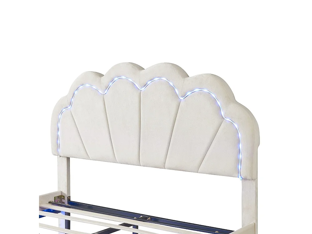 Lit flottant 140 x 200 cm - Lit rembourré avec LED et tête en forme de coquille - Cadre de lit double avec cadre à lames - Velvet - Beige