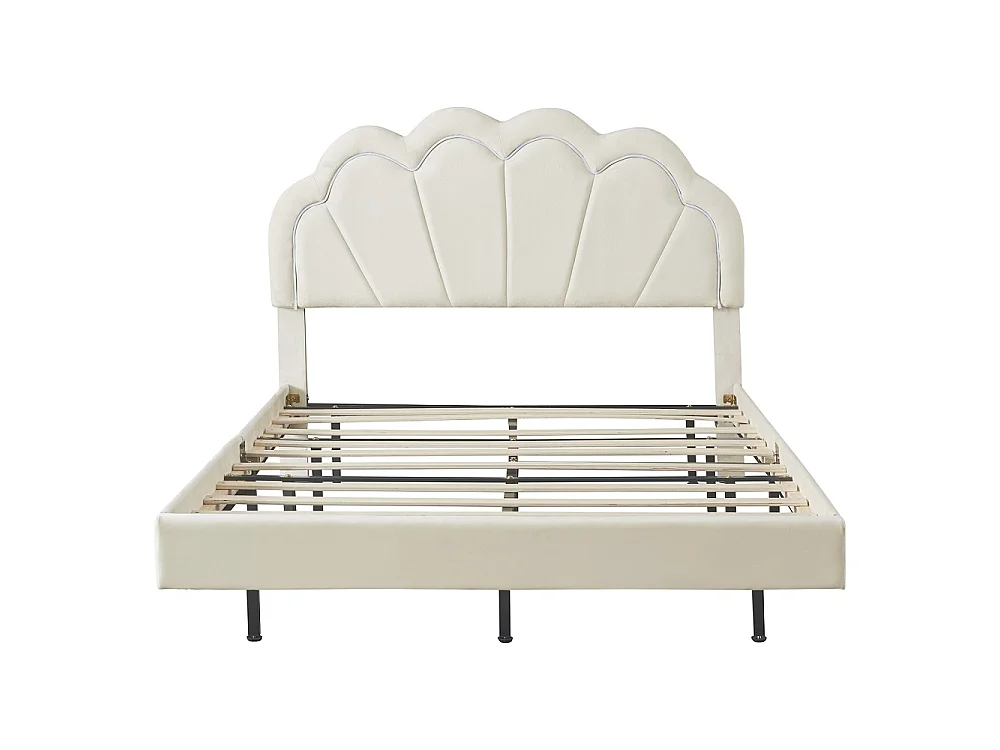 Lit flottant 140 x 200 cm - Lit rembourré avec LED et tête en forme de coquille - Cadre de lit double avec cadre à lames - Velvet - Beige