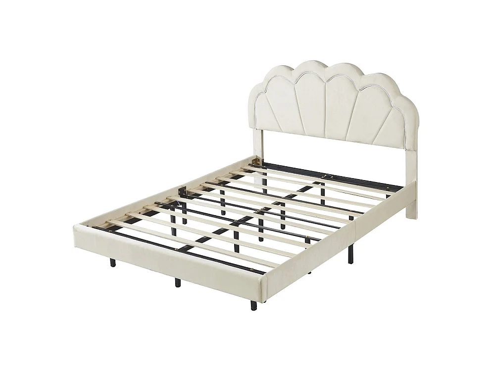 Lit flottant 140 x 200 cm - Lit rembourré avec LED et tête en forme de coquille - Cadre de lit double avec cadre à lames - Velvet - Beige