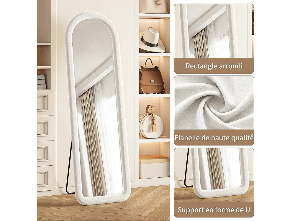 Miroir à arche en velours 160 x 50 cm - Miroir de carrosserie au sol indépendant, grand miroir de dressing monté au mur - blanc