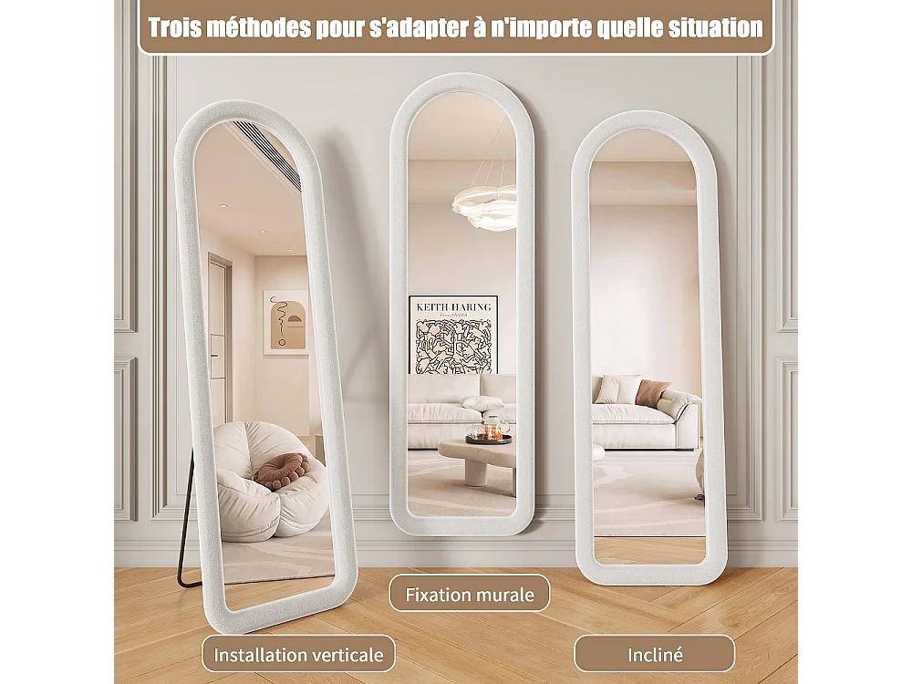 Miroir à arche en velours 160 x 50 cm - Miroir de carrosserie au sol indépendant, grand miroir de dressing monté au mur - blanc