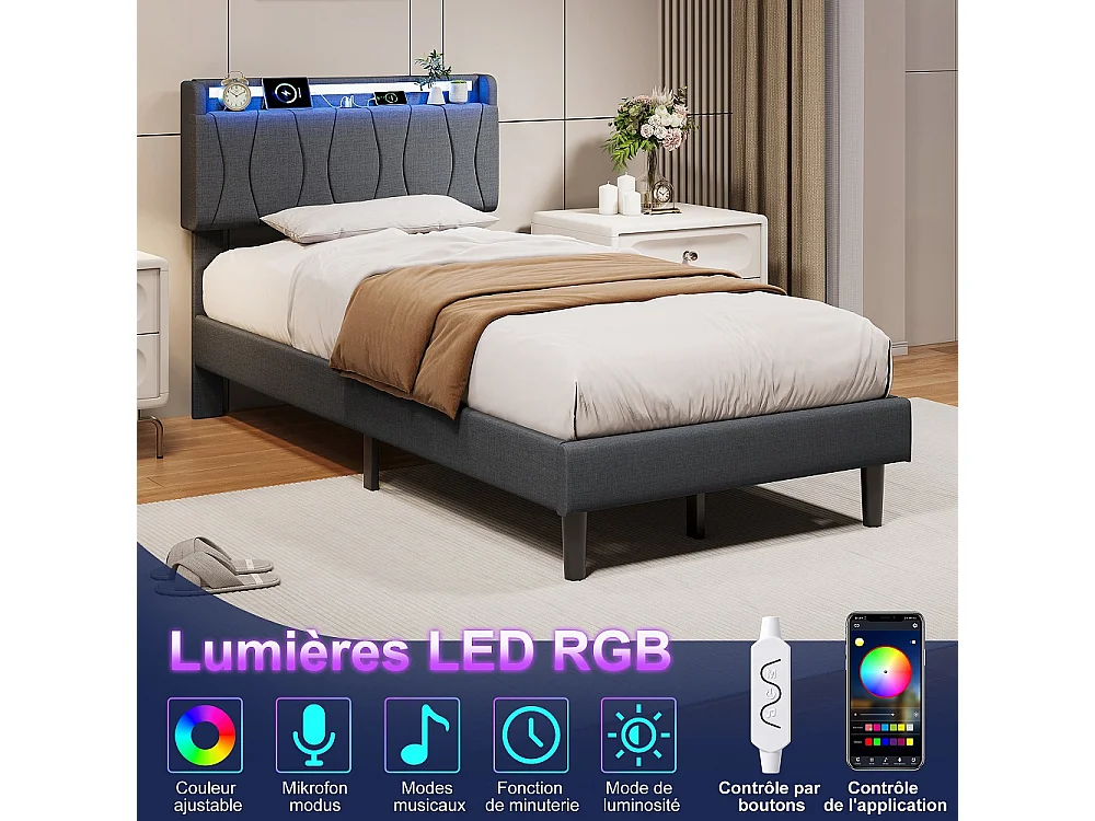 Cadre de lit rembourré 90 x 200 cm - Lit plat-forme avec lumières LED, ports de charge USB et Type-C, tête de rangement, lames en bois massif - Linge - gris