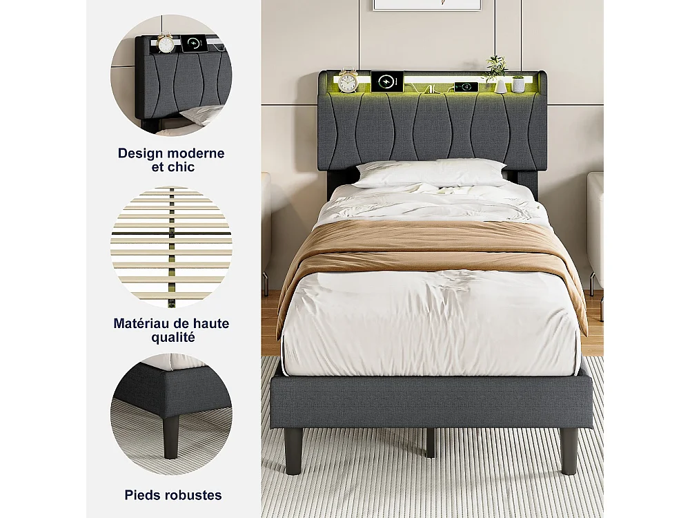 Cadre de lit rembourré 90 x 200 cm - Lit plat-forme avec lumières LED, ports de charge USB et Type-C, tête de rangement, lames en bois massif - Linge - gris
