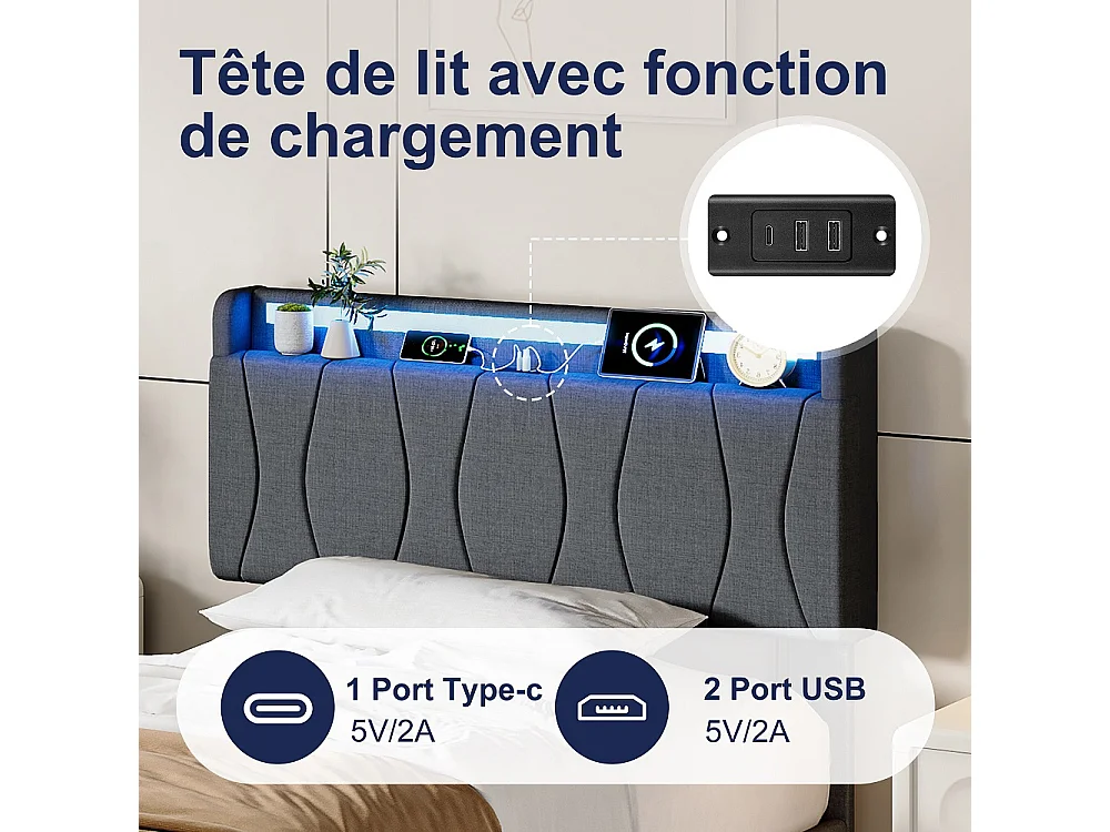 Cadre de lit rembourré 90 x 200 cm - Lit plat-forme avec lumières LED, ports de charge USB et Type-C, tête de rangement, lames en bois massif - Linge - gris