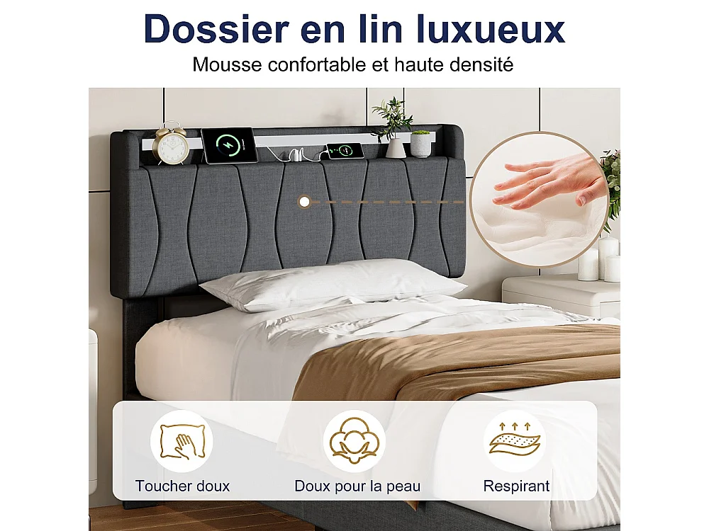 Cadre de lit rembourré 90 x 200 cm - Lit plat-forme avec lumières LED, ports de charge USB et Type-C, tête de rangement, lames en bois massif - Linge - gris