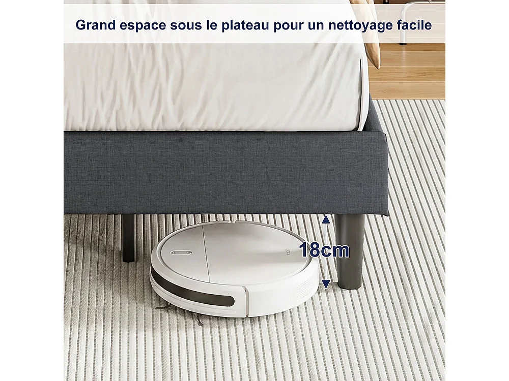 Cadre de lit rembourré 90 x 200 cm - Lit plat-forme avec lumières LED, ports de charge USB et Type-C, tête de rangement, lames en bois massif - Linge - gris