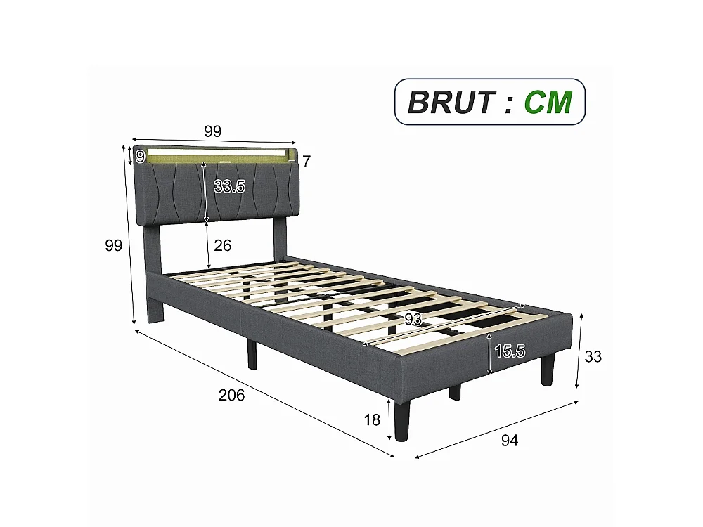 Cadre de lit rembourré 90 x 200 cm - Lit plat-forme avec lumières LED, ports de charge USB et Type-C, tête de rangement, lames en bois massif - Linge - gris