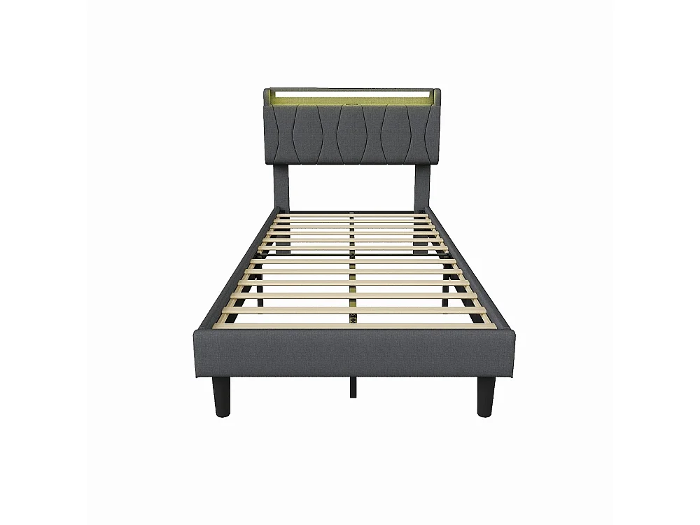 Cadre de lit rembourré 90 x 200 cm - Lit plat-forme avec lumières LED, ports de charge USB et Type-C, tête de rangement, lames en bois massif - Linge - gris
