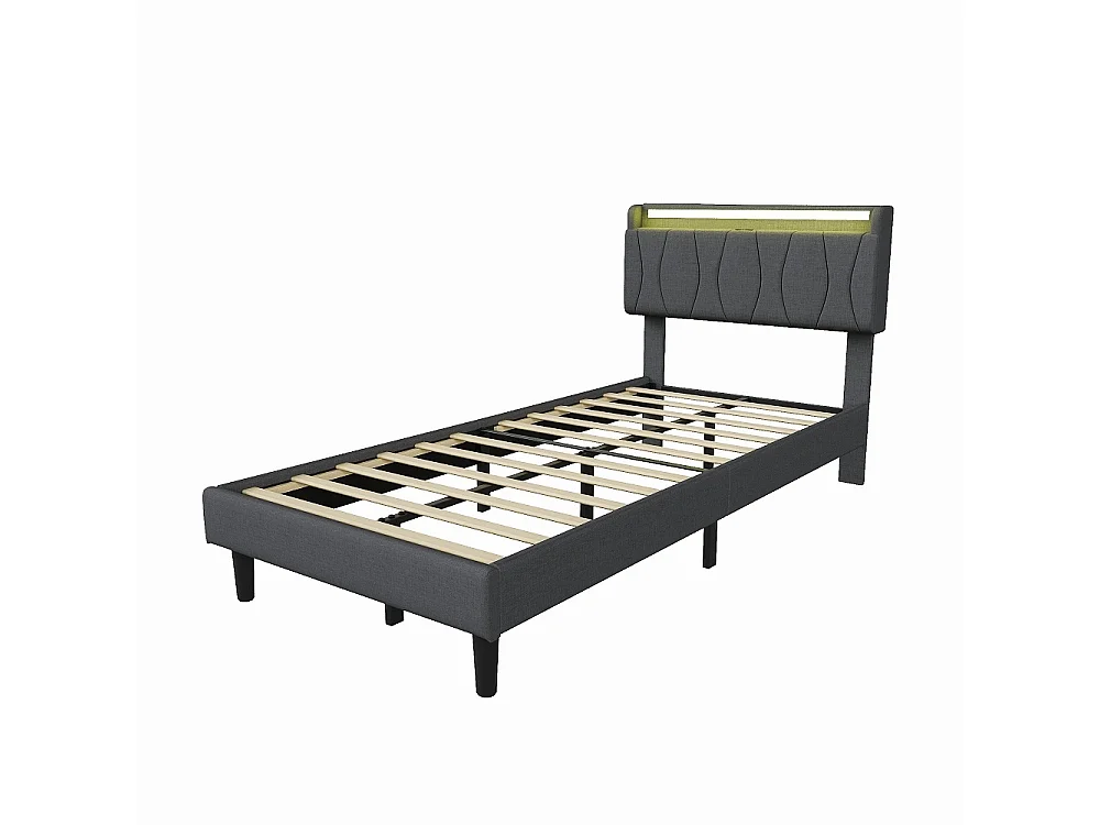 Cadre de lit rembourré 90 x 200 cm - Lit plat-forme avec lumières LED, ports de charge USB et Type-C, tête de rangement, lames en bois massif - Linge - gris