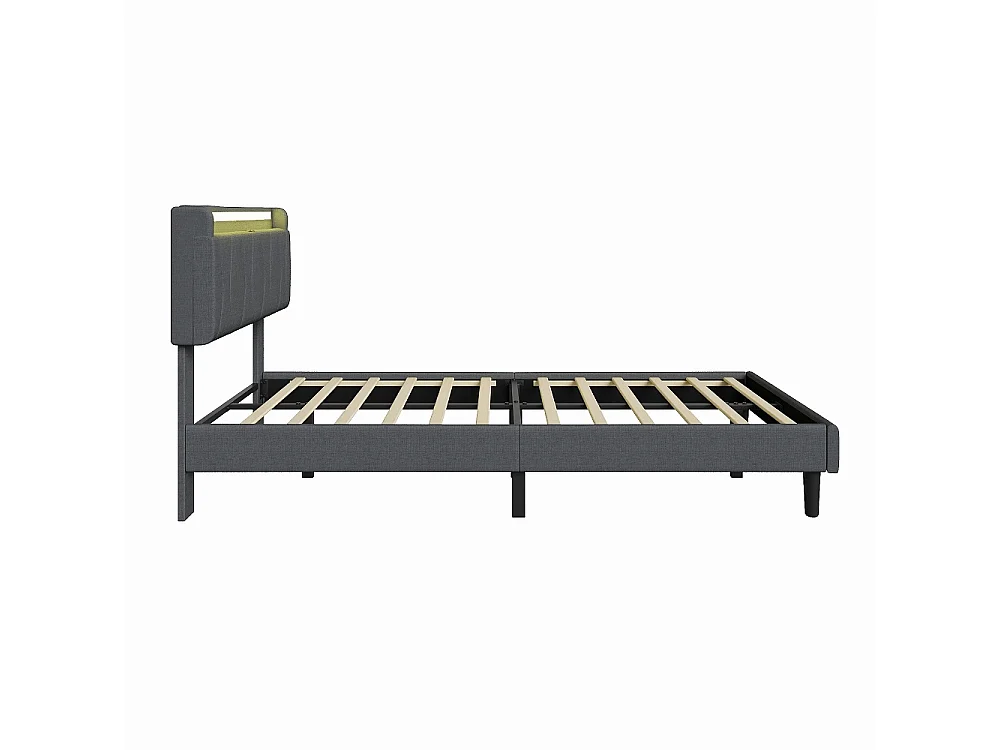 Cadre de lit rembourré 90 x 200 cm - Lit plat-forme avec lumières LED, ports de charge USB et Type-C, tête de rangement, lames en bois massif - Linge - gris