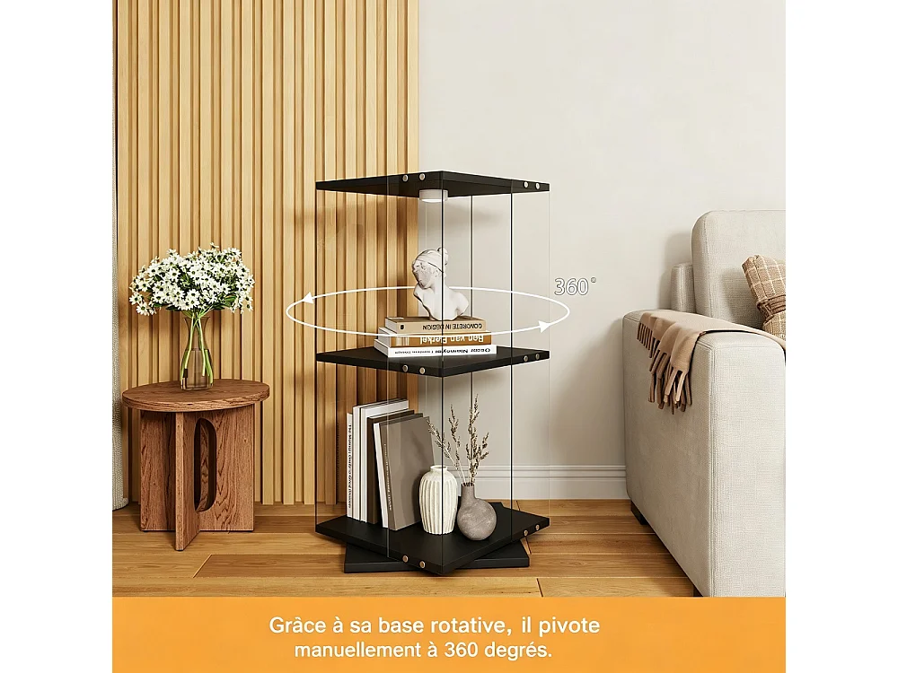 Cabinet d'affichage rotatif 38 × 38 × 82 cm - vitrine transparente à 2 niveaux avec LED - étagère de stockage à base rotative à 360° - noir