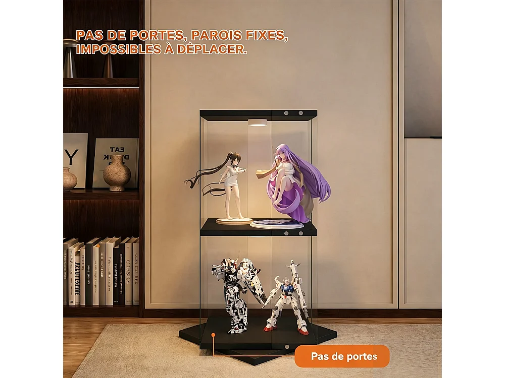 Cabinet d'affichage rotatif 38 × 38 × 82 cm - vitrine transparente à 2 niveaux avec LED - étagère de stockage à base rotative à 360° - noir