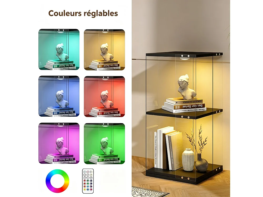 Cabinet d'affichage rotatif 38 × 38 × 82 cm - vitrine transparente à 2 niveaux avec LED - étagère de stockage à base rotative à 360° - noir