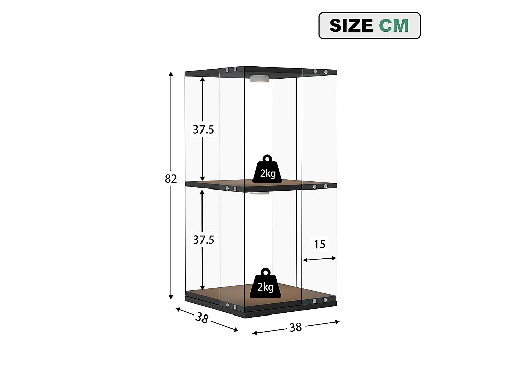 Cabinet d'affichage rotatif 38 × 38 × 82 cm - vitrine transparente à 2 niveaux avec LED - étagère de stockage à base rotative à 360° - noir