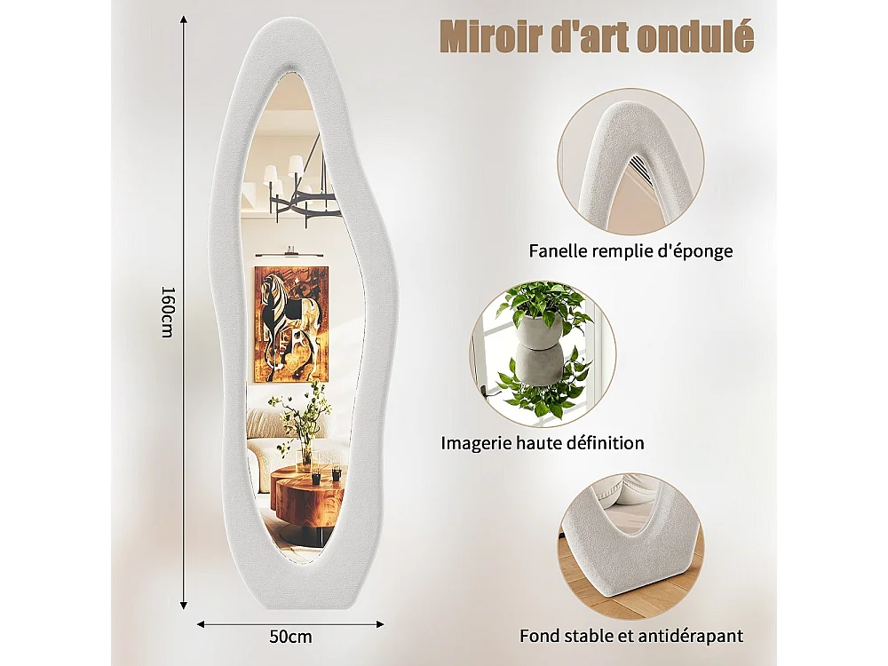 Wavy Art Miroir de plancher 160×50 cm - Miroir pleine longueur HD non déformé avec support en métal - Installation à 3 voies Miroir plein corps - Blanc