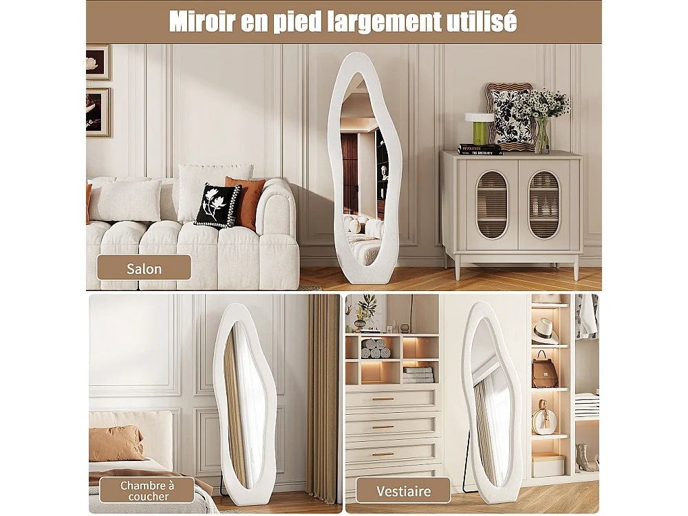 Wavy Art Miroir de plancher 160×50 cm - Miroir pleine longueur HD non déformé avec support en métal - Installation à 3 voies Miroir plein corps - Blanc