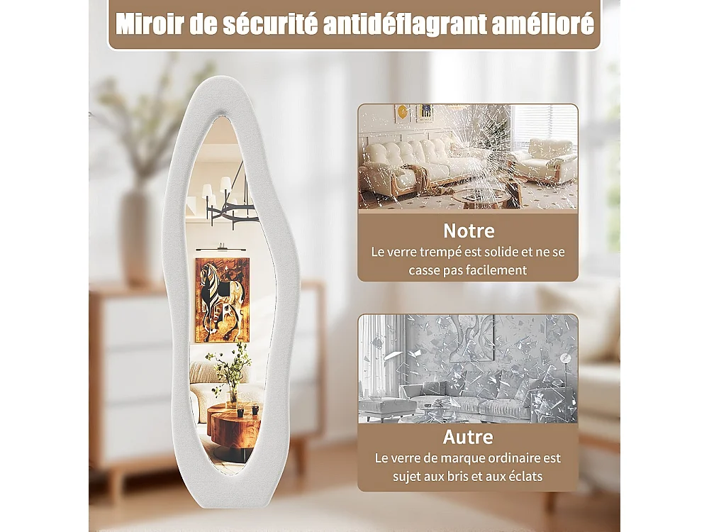 Wavy Art Miroir de plancher 160×50 cm - Miroir pleine longueur HD non déformé avec support en métal - Installation à 3 voies Miroir plein corps - Blanc