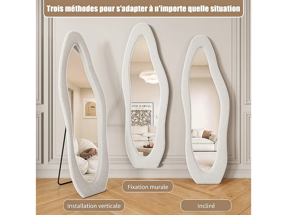 Wavy Art Miroir de plancher 160×50 cm - Miroir pleine longueur HD non déformé avec support en métal - Installation à 3 voies Miroir plein corps - Blanc