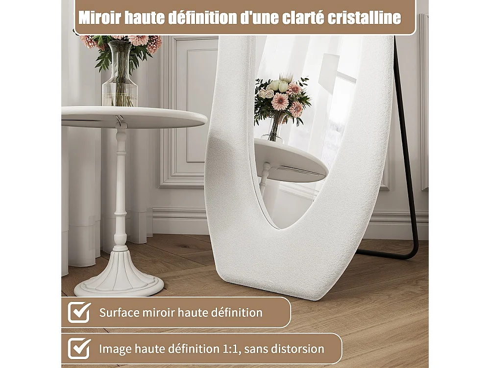 Wavy Art Miroir de plancher 160×50 cm - Miroir pleine longueur HD non déformé avec support en métal - Installation à 3 voies Miroir plein corps - Blanc