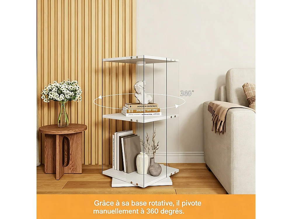 Cabinet d'affichage rotatif 38 × 38 × 82 cm - vitrine transparente à 2 niveaux avec LED - étagère de stockage à base rotative à 360° - blanc