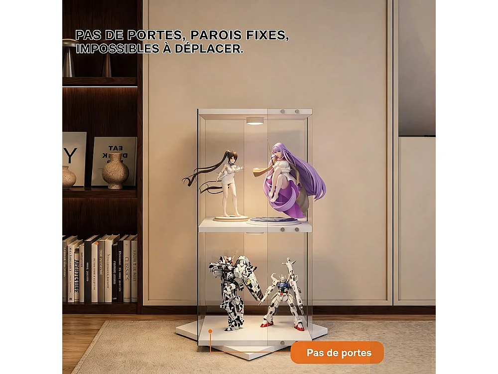 Cabinet d'affichage rotatif 38 × 38 × 82 cm - vitrine transparente à 2 niveaux avec LED - étagère de stockage à base rotative à 360° - blanc