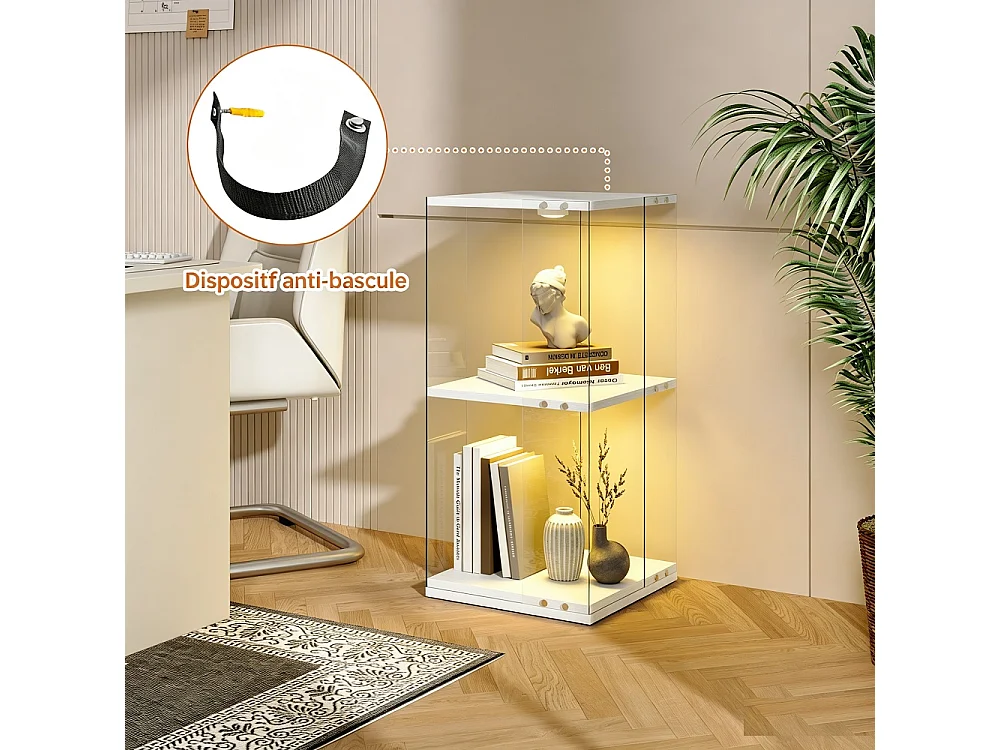 Cabinet d'affichage rotatif 38 × 38 × 82 cm - vitrine transparente à 2 niveaux avec LED - étagère de stockage à base rotative à 360° - blanc