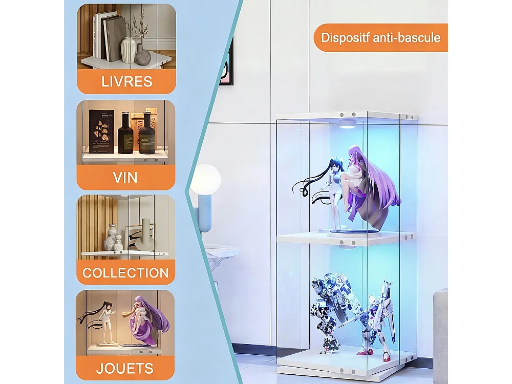 Cabinet d'affichage rotatif 38 × 38 × 82 cm - vitrine transparente à 2 niveaux avec LED - étagère de stockage à base rotative à 360° - blanc