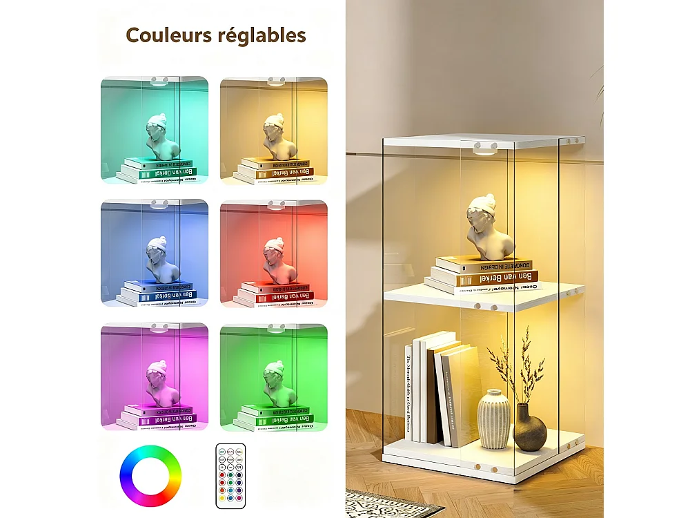 Cabinet d'affichage rotatif 38 × 38 × 82 cm - vitrine transparente à 2 niveaux avec LED - étagère de stockage à base rotative à 360° - blanc