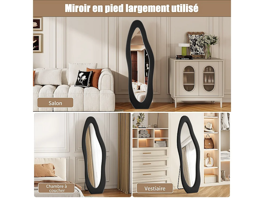 Wavy Art Miroir de plancher 160×50 cm - Miroir pleine longueur HD non déformé avec support en métal - Installation à 3 voies Miroir plein corps - Noir