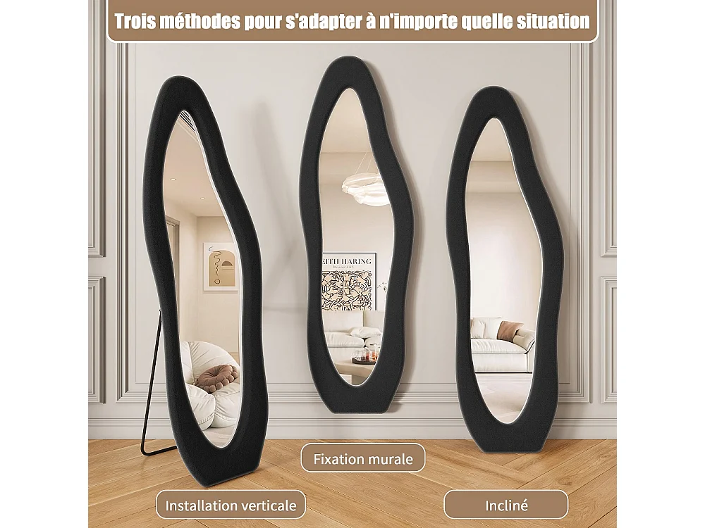 Wavy Art Miroir de plancher 160×50 cm - Miroir pleine longueur HD non déformé avec support en métal - Installation à 3 voies Miroir plein corps - Noir