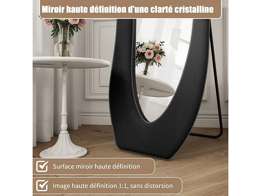 Wavy Art Miroir de plancher 160×50 cm - Miroir pleine longueur HD non déformé avec support en métal - Installation à 3 voies Miroir plein corps - Noir