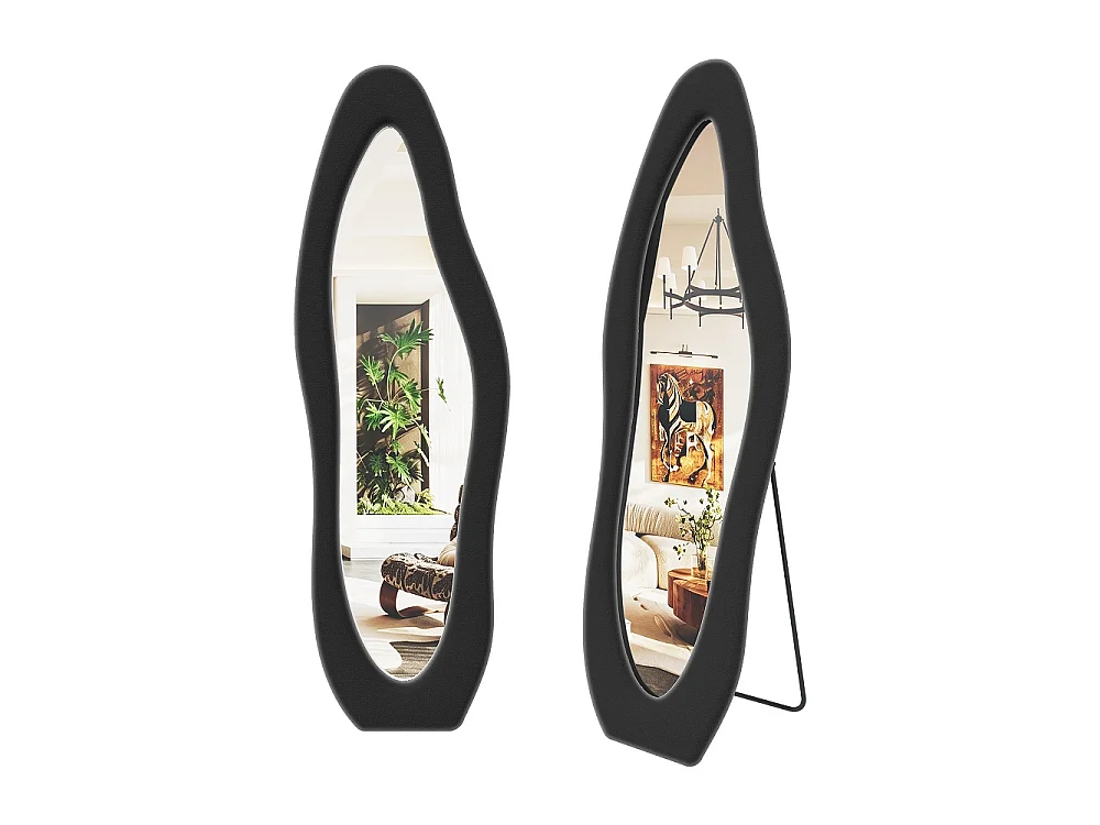 Wavy Art Miroir de plancher 160×50 cm - Miroir pleine longueur HD non déformé avec support en métal - Installation à 3 voies Miroir plein corps - Noir