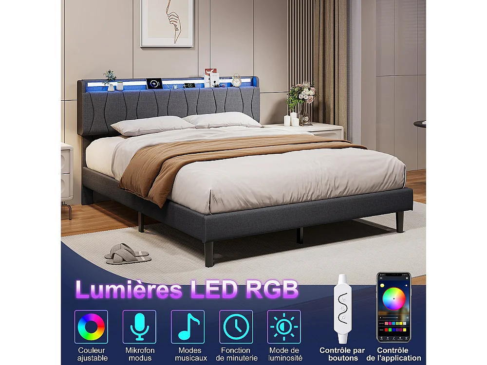 Cadre de lit rembourré 160 x 200 cm - Lit plat-forme avec lumières LED, ports de charge USB et Type-C, tête de rangement, lames en bois massif - Linge - gris