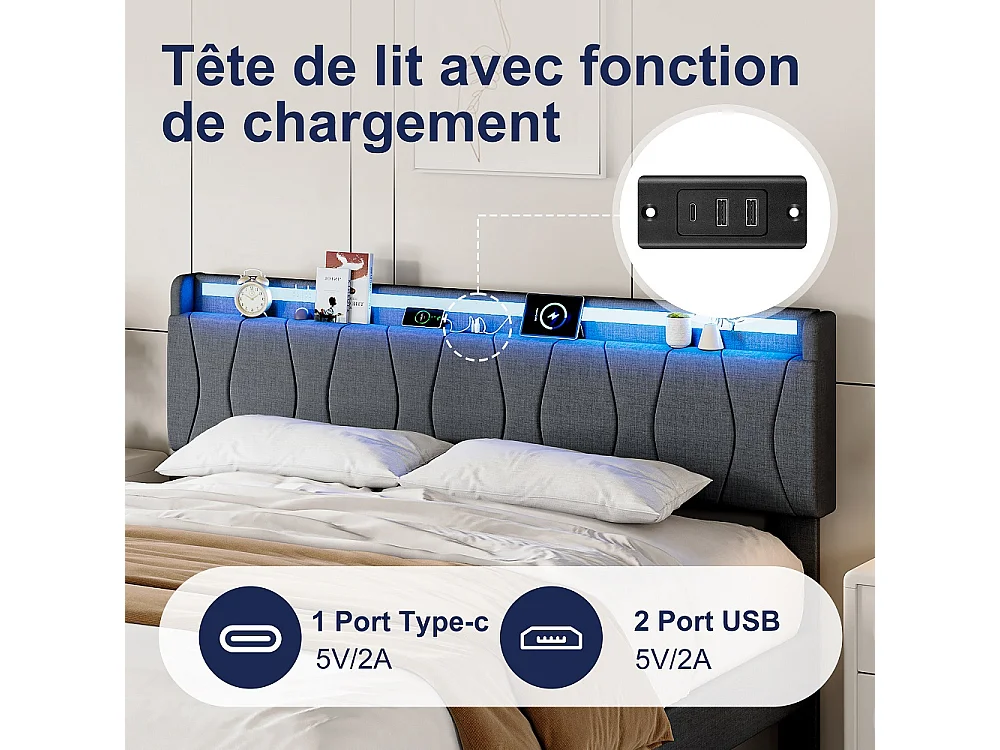 Cadre de lit rembourré 160 x 200 cm - Lit plat-forme avec lumières LED, ports de charge USB et Type-C, tête de rangement, lames en bois massif - Linge - gris